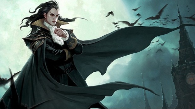 Illustration, male vampire and bats in background